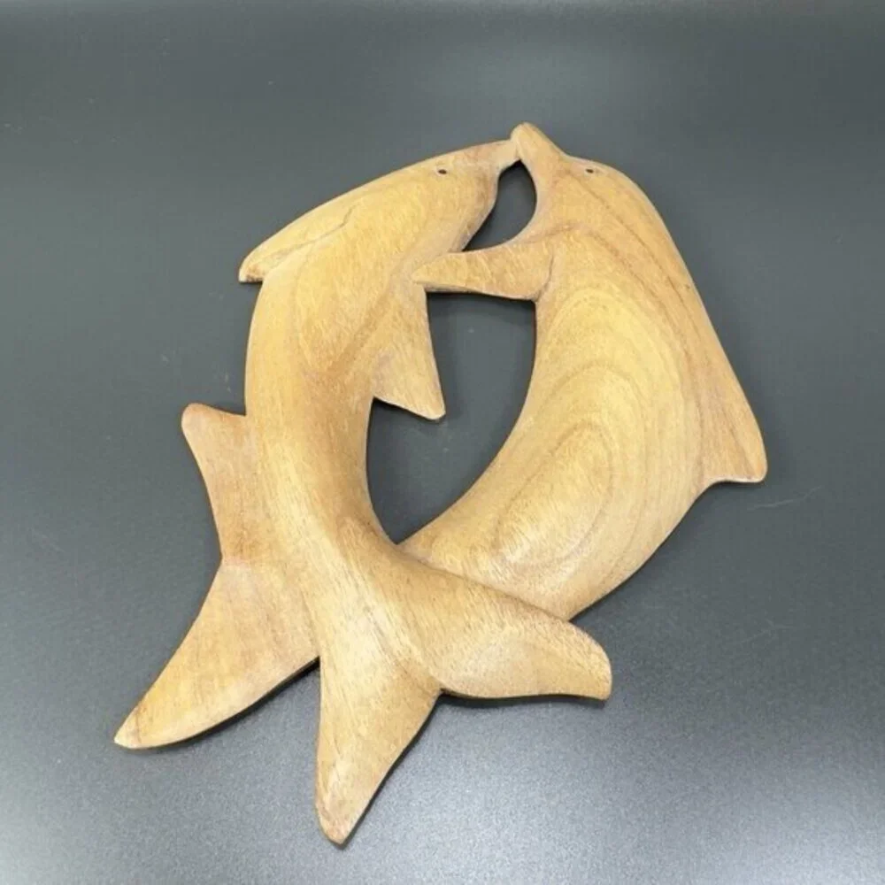 Vintage‎ Hand Carved Wood Dolphins Swimming Wall Art Wall Hanging Figurine Decor